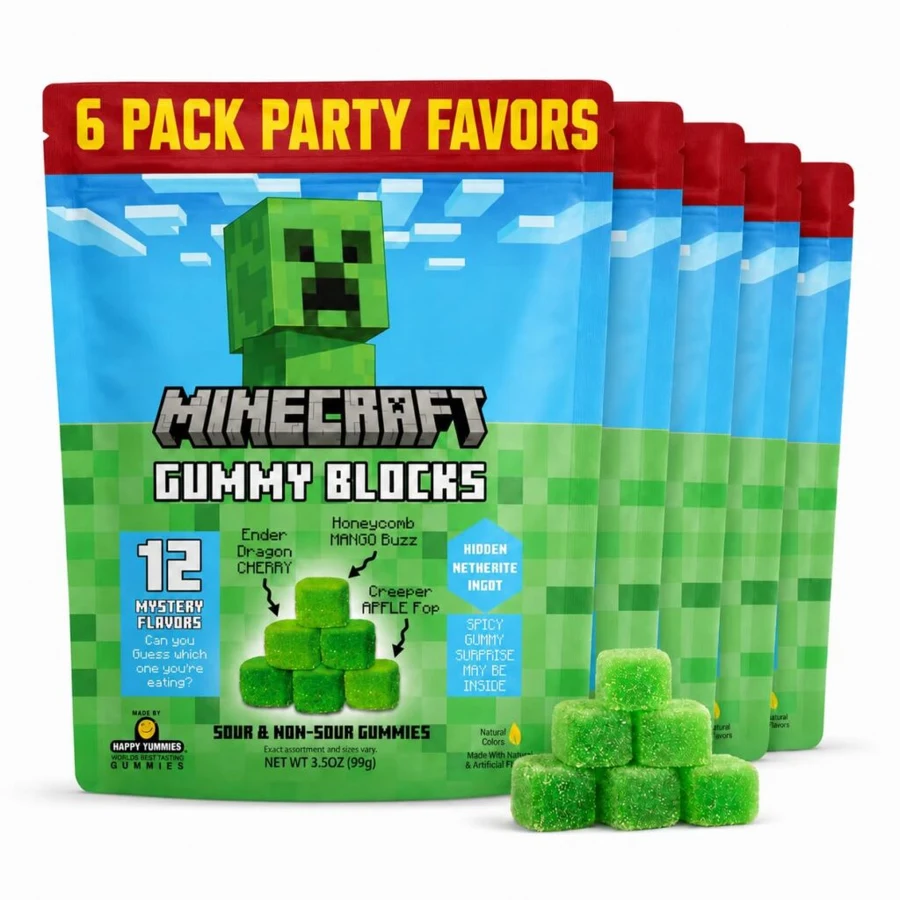 Minecraft Gummy Blocks six individually sealed bags and green gummy cubes