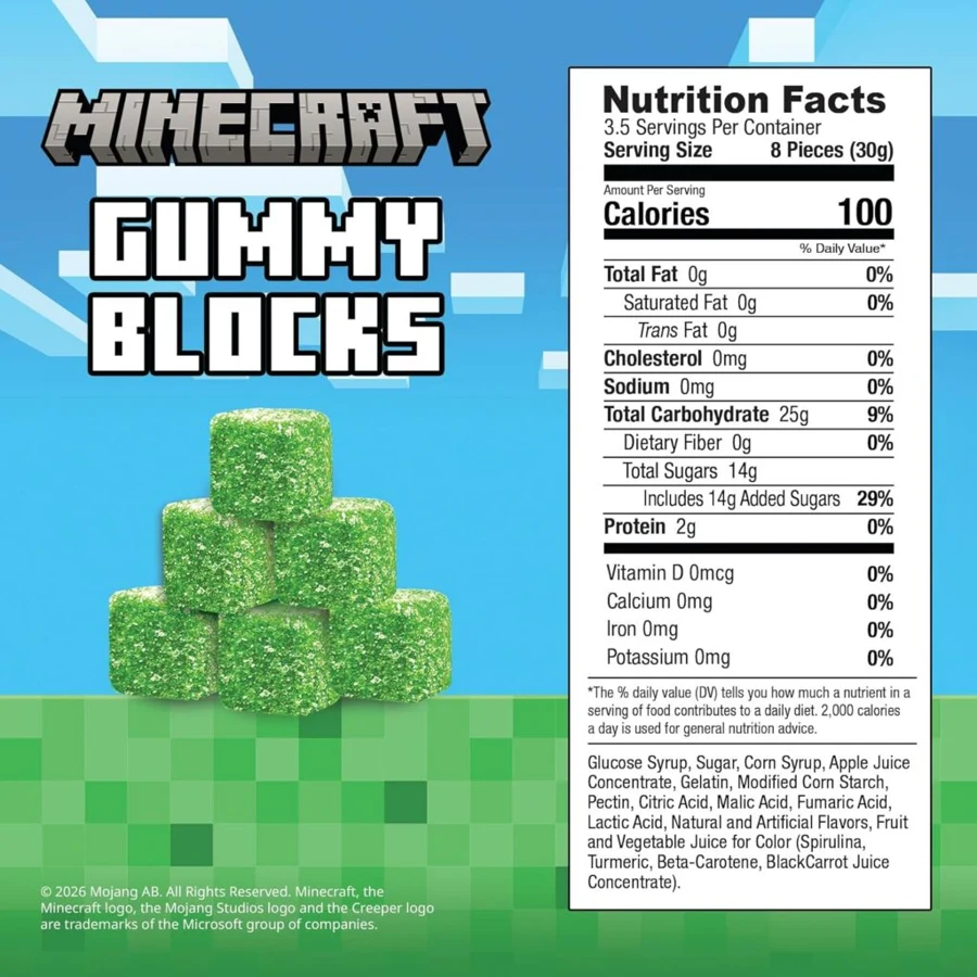 Minecraft gummy blocks and photographed nutrition facts panel