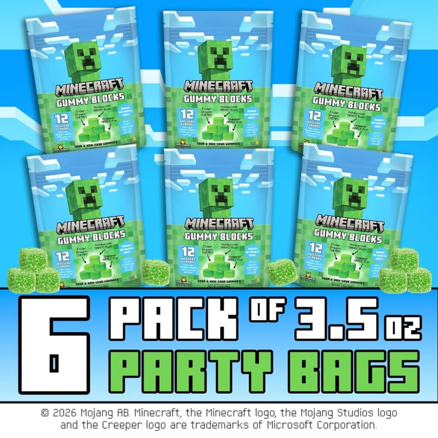 Minecraft six-pack showing six 3.5 ounce party bags