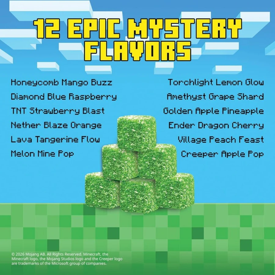 Minecraft packaging graphic listing the twelve mystery flavors