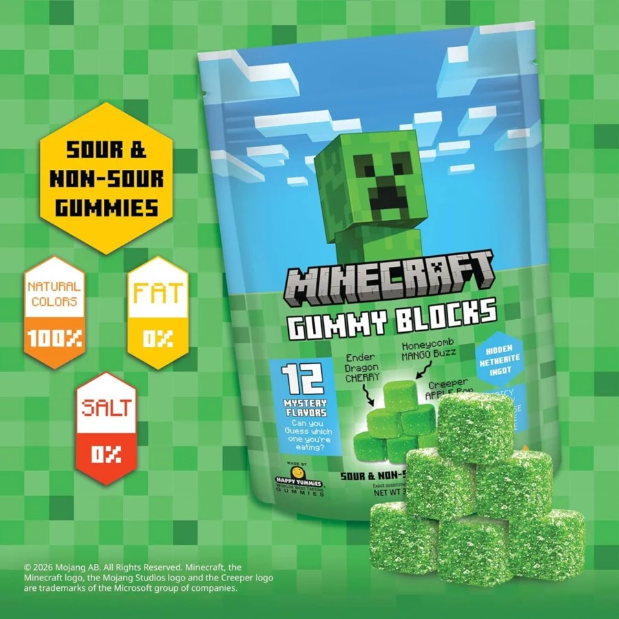 Minecraft gummy blocks and package with sour and non-sour varieties