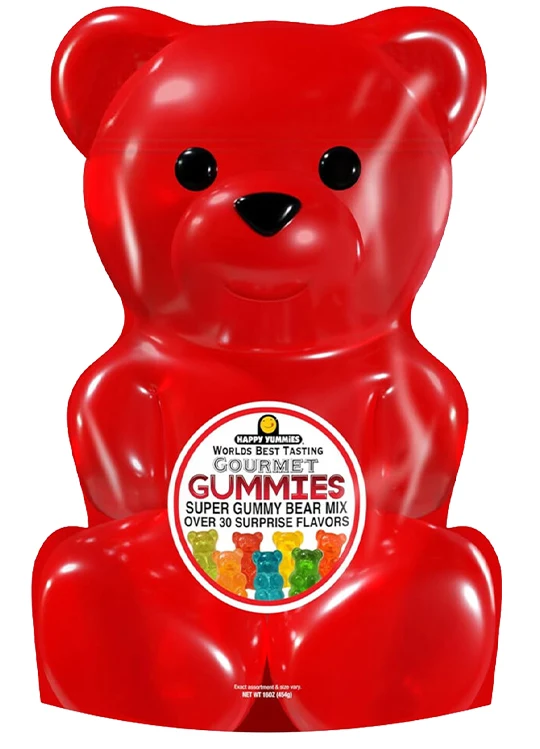 Red bear-shaped Happy Yummies gummy package